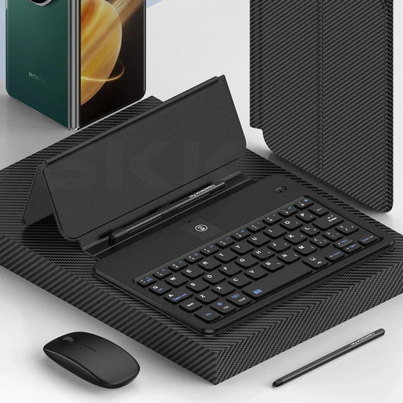 Black keyboard case with keyboard, mouse, and stylus on a white background