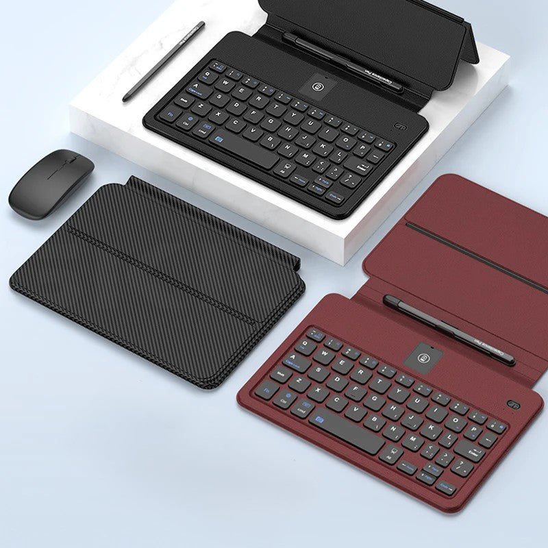 Two keyboard cases, one black and one red, on a light blue background.