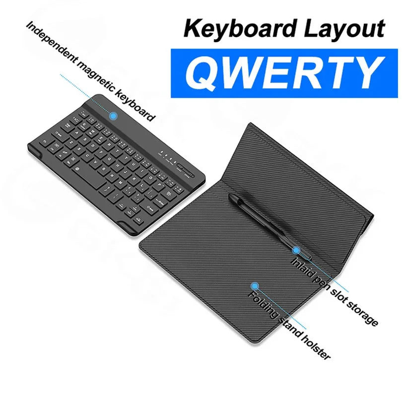 Black keyboard and tablet with pen holder on a white background, featuring QWERTY layout.