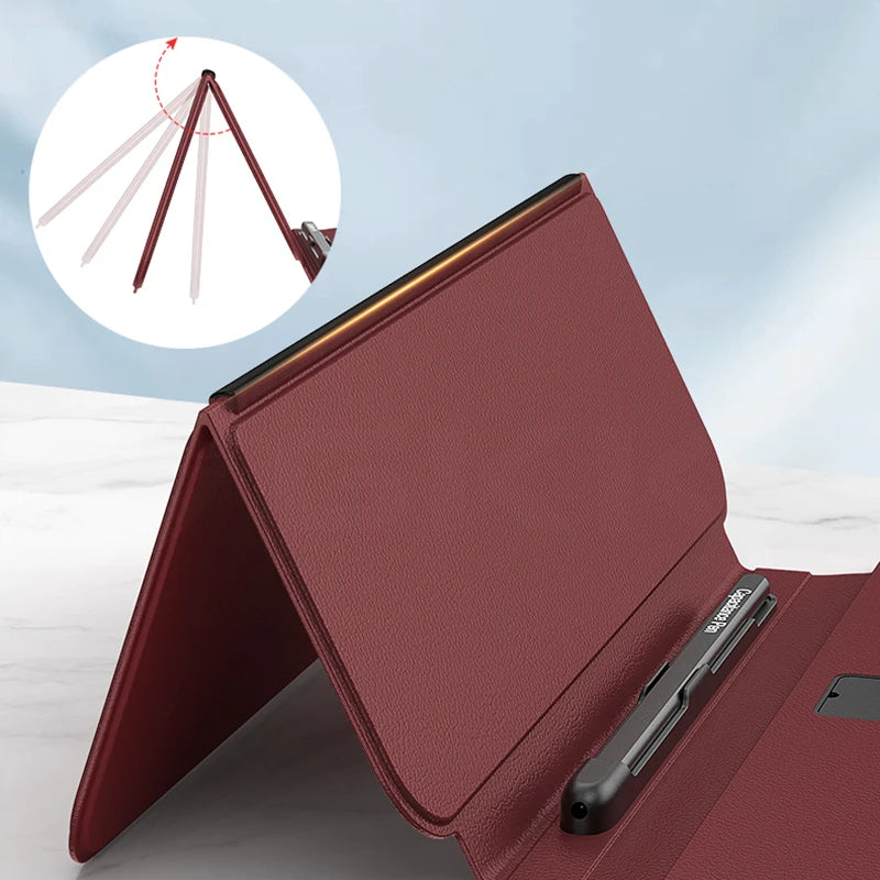 Red tablet case with pen holder on a light blue background
