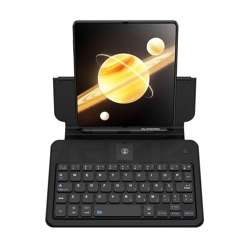 Tablet with a keyboard dock displaying an image of Saturn on a white background