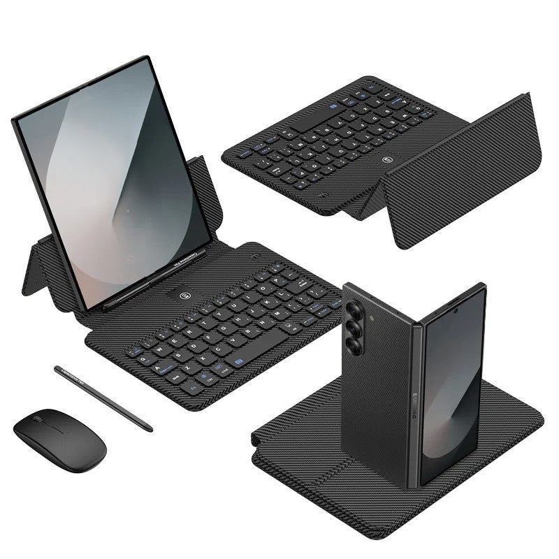 Black laptop with keyboard, mouse, and stylus on a white background