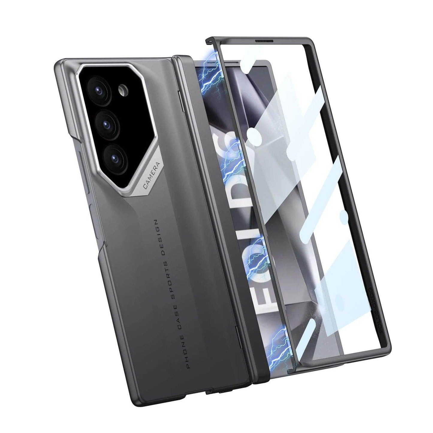 Sleek gray folding phone case with triple camera cutout and magnetic front frame on white background