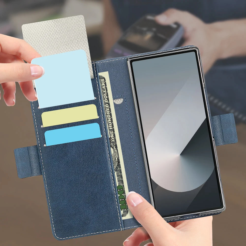Blue phone case with card slots held by a person