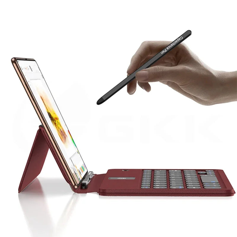 Tablet with keyboard and stylus on a white background