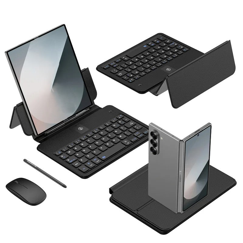 Collage of a smartphone with keyboard attachment, mouse, and stylus on a white background
