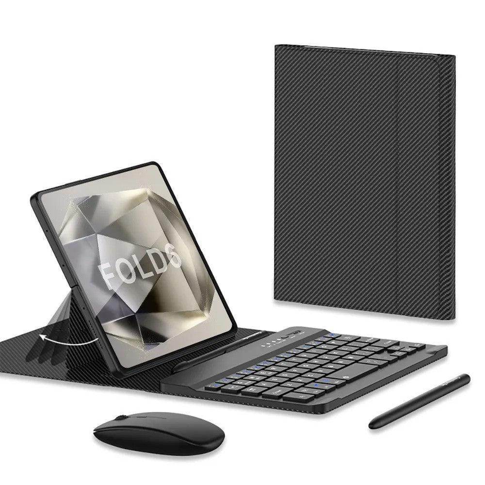 Samsung Galaxy Z Fold6 tablet with folding case, wireless keyboard, black mouse, and stylus pen