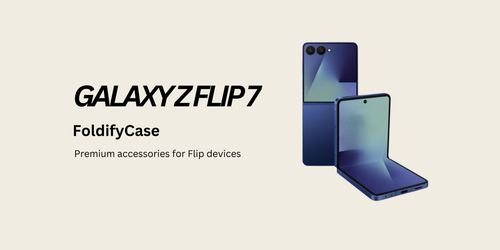 Foldable phone with 'GALAXYZFLIP7' text and 'FoldifyCase' branding on a beige background