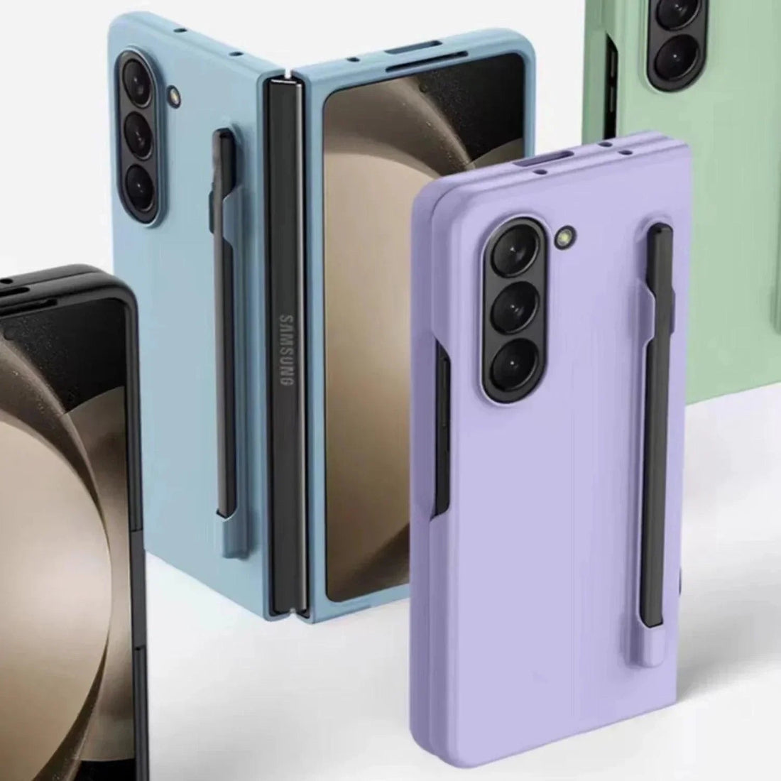 Samsung foldable smartphones in pastel blue, green, black, and purple cases with triple camera and pen holder
