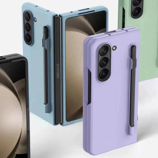 Samsung foldable smartphones in pastel blue, green, black, and purple cases with triple camera and pen holder