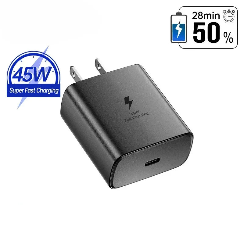 Black 45W USB-C super fast charging wall adapter with 50% charge in 28 minutes icon