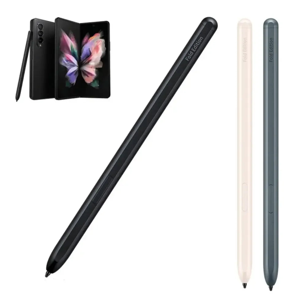 Samsung Galaxy Z Fold smartphone with three Fold Edition stylus pens in black, white, and gray colors