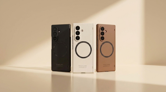 Kinetic P1 S-Pen holder cases for Galaxy Z Fold in black, cream, and caramel standing in a row on a cream studio background