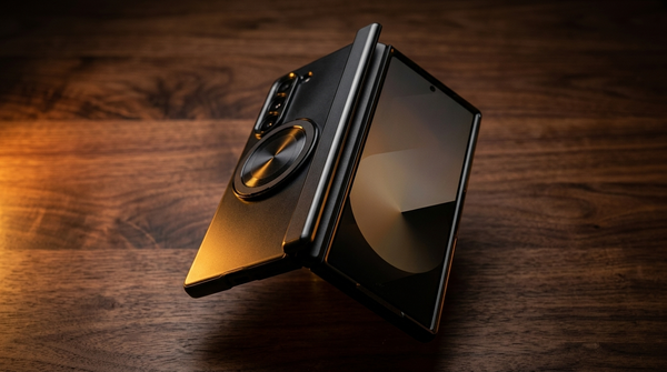 Samsung Galaxy Z Fold half-open in a black hinge cover case on a dark walnut surface, lit by dramatic warm amber rim light along the hinge spine