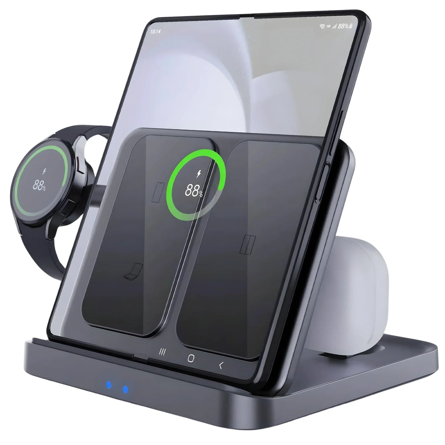 Wireless charging station with three devices charging including foldable smartphone, smartwatch, and earbuds case
