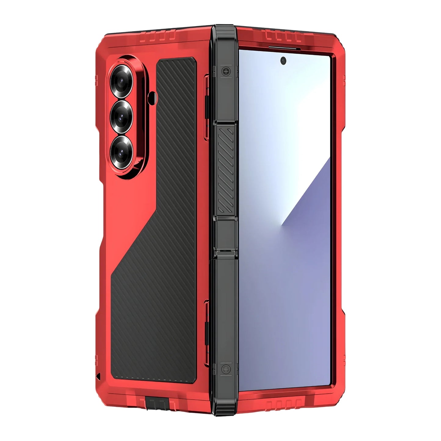 Red and black phone case on a white background