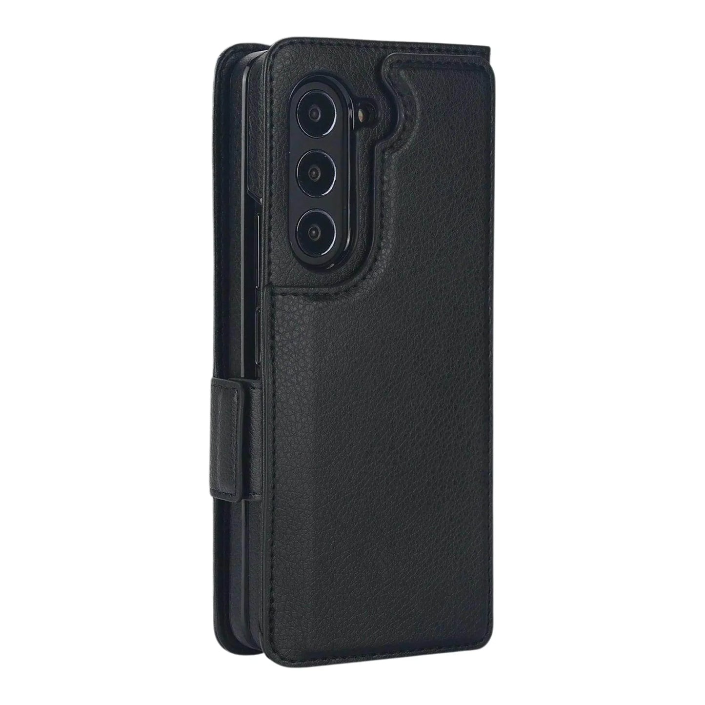 Black phone case with a wallet design on a white background