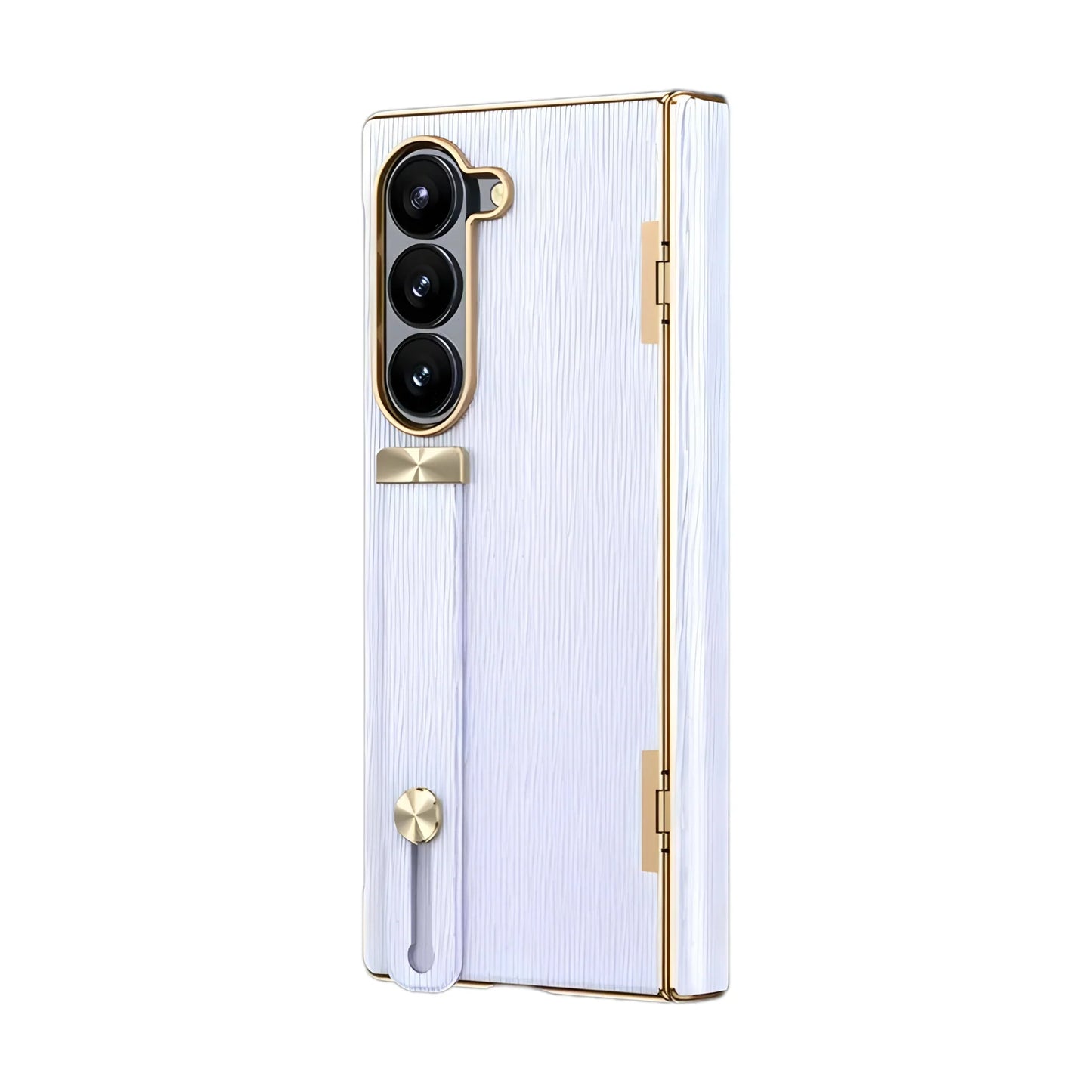Smartphone with a white case and gold accents on a white background