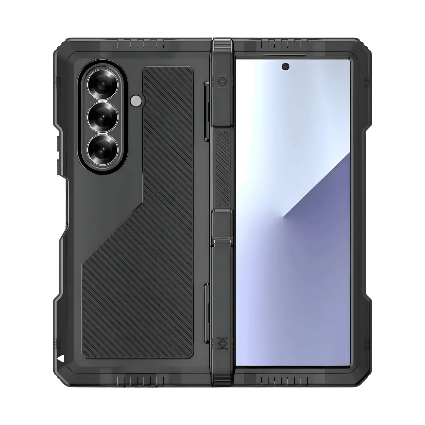 Black phone case with a textured back and clear front on a white background