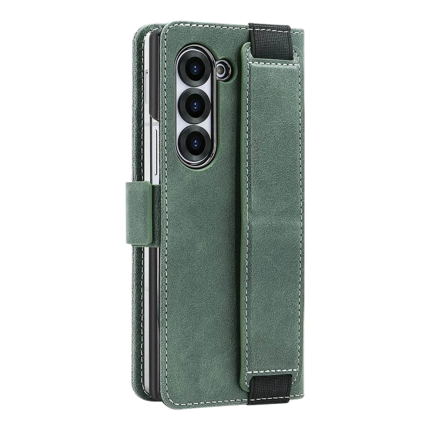 Green phone case with card slots on a white background