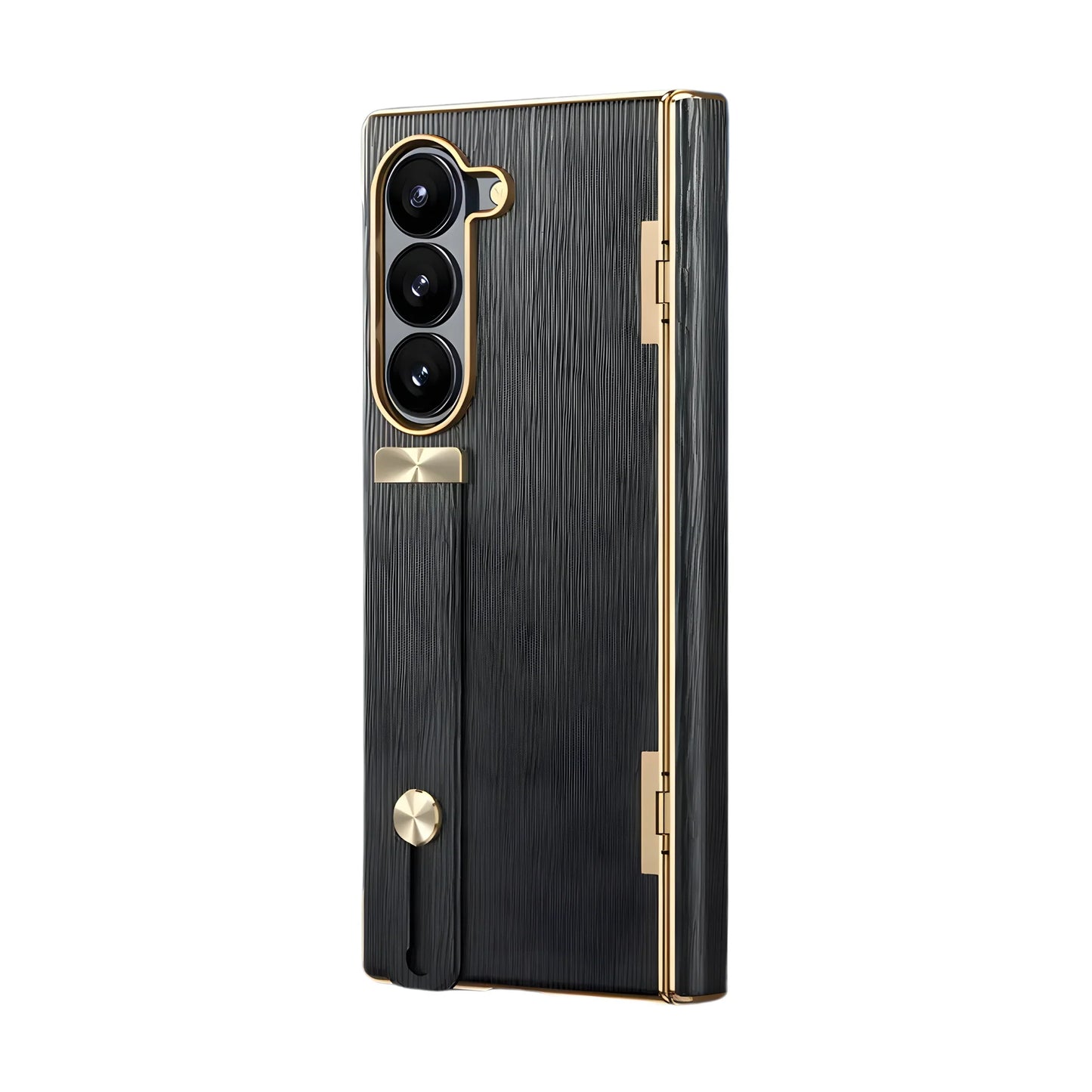 Black phone case with gold accents on a white background