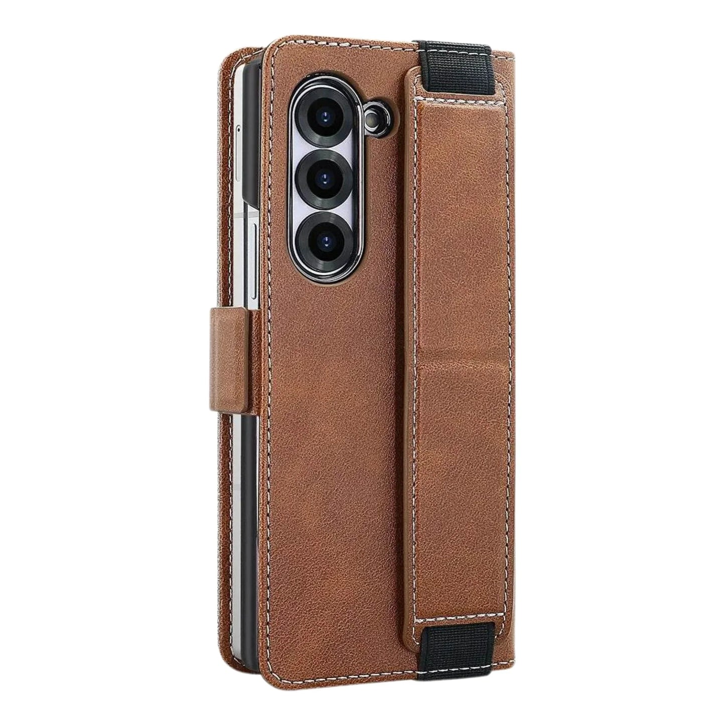 Brown phone case with a card holder on a white background