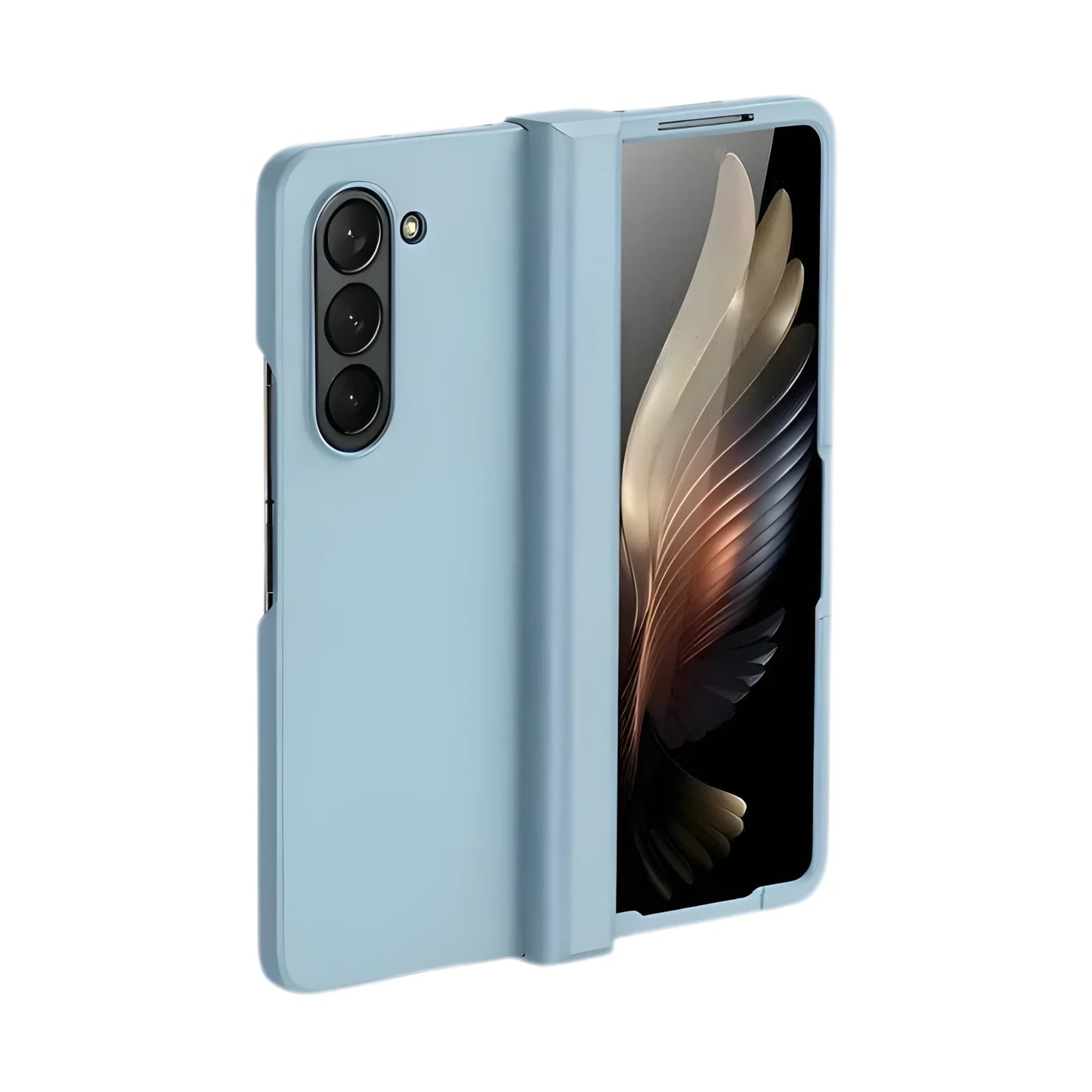 Smartphone with a light blue case on a white background