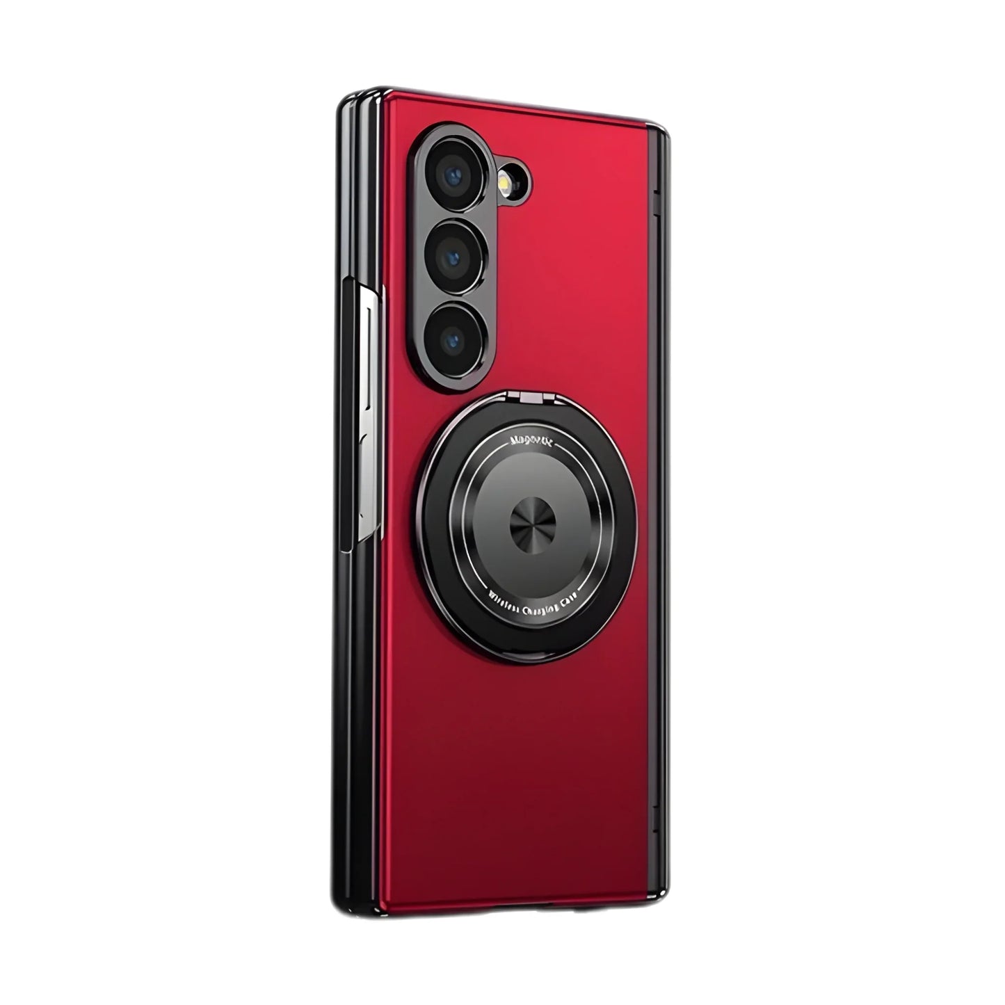 Red smartphone case with camera design on a white background