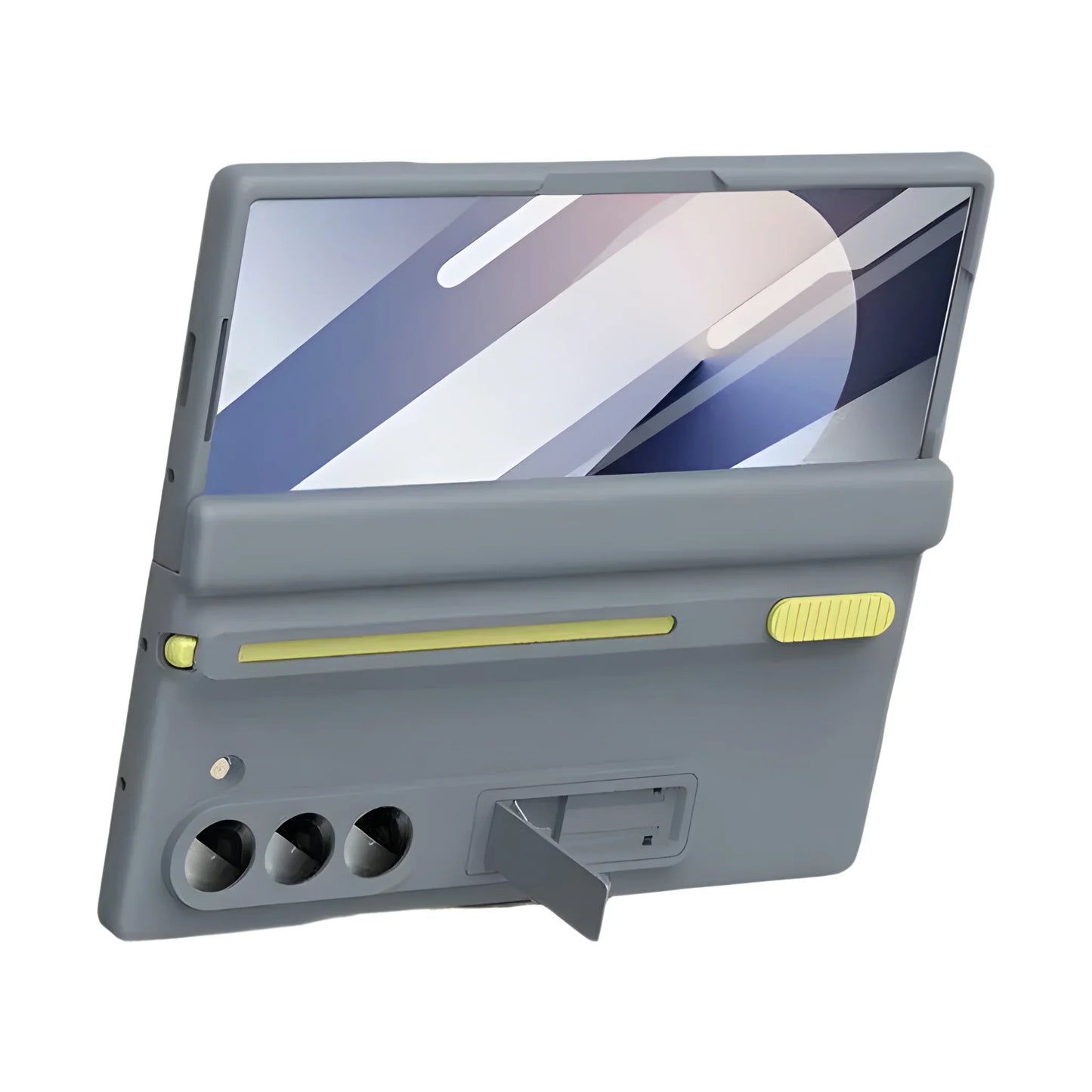 Gray case with yellow accents on a white background