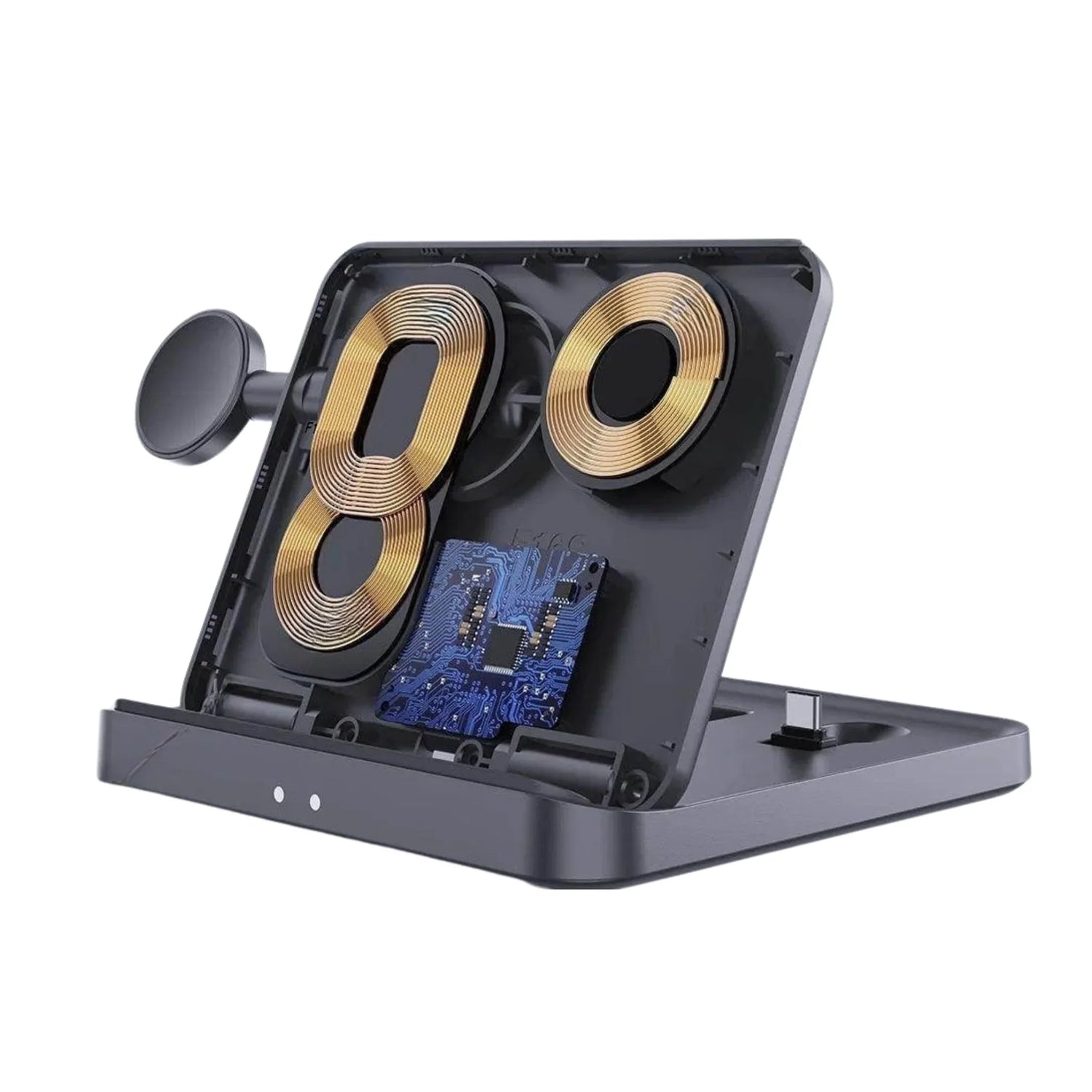 Wireless charger base opened showing internal coils and circuit board, black tech device with USB-C port