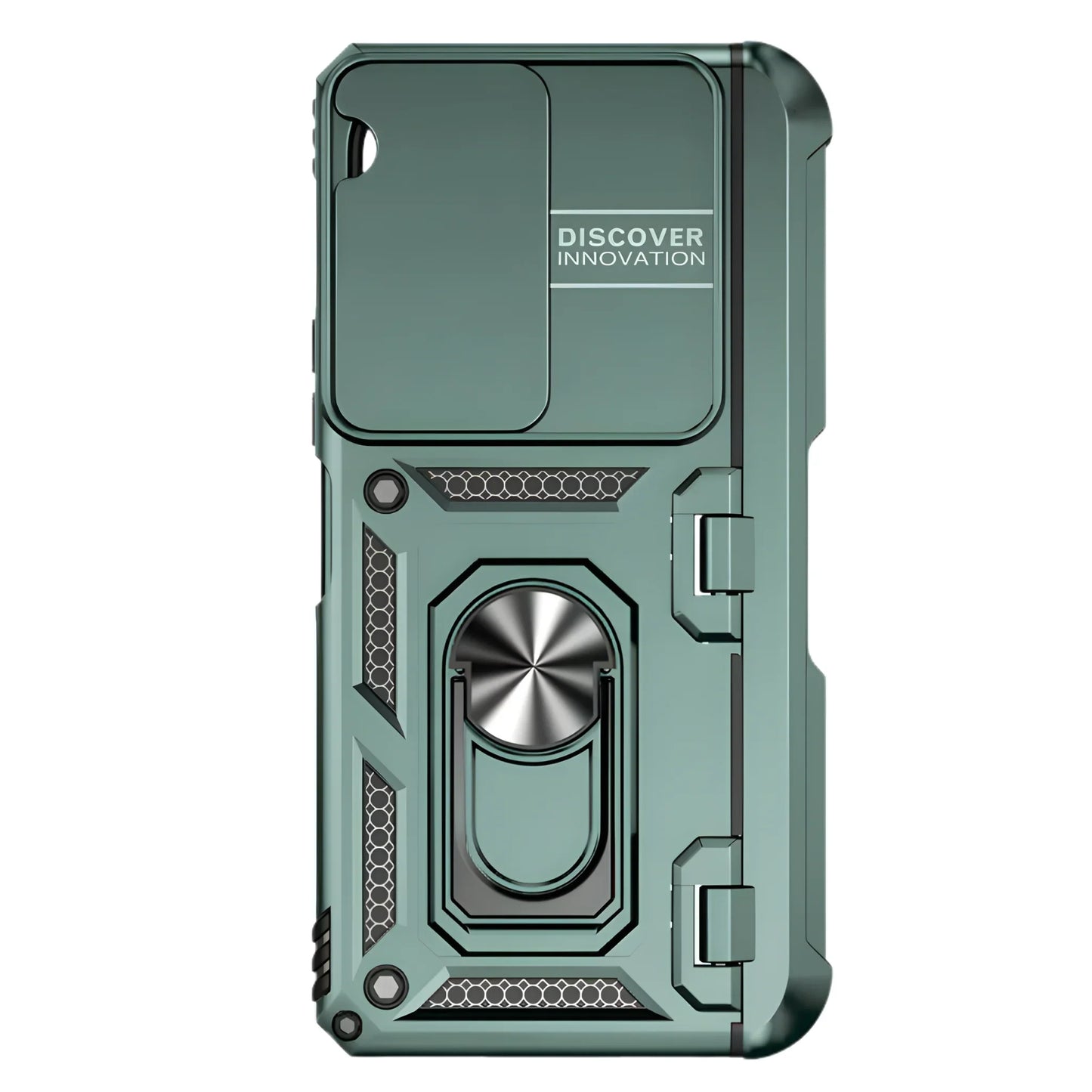 Green phone case with metallic ring holder on a white background