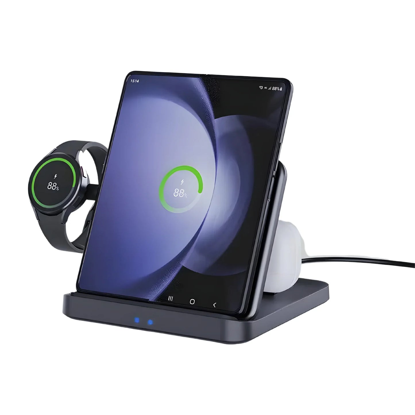 Black wireless charging station with smartphone, smartwatch, and earbuds charging