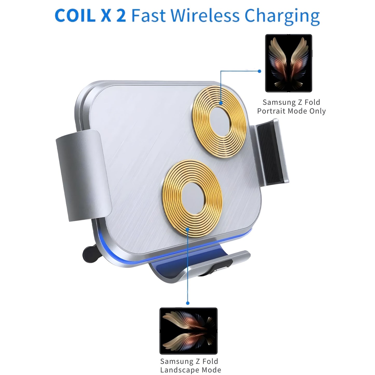 Wireless car phone holder with dual gold charging coils for Samsung Z Fold in portrait and landscape modes