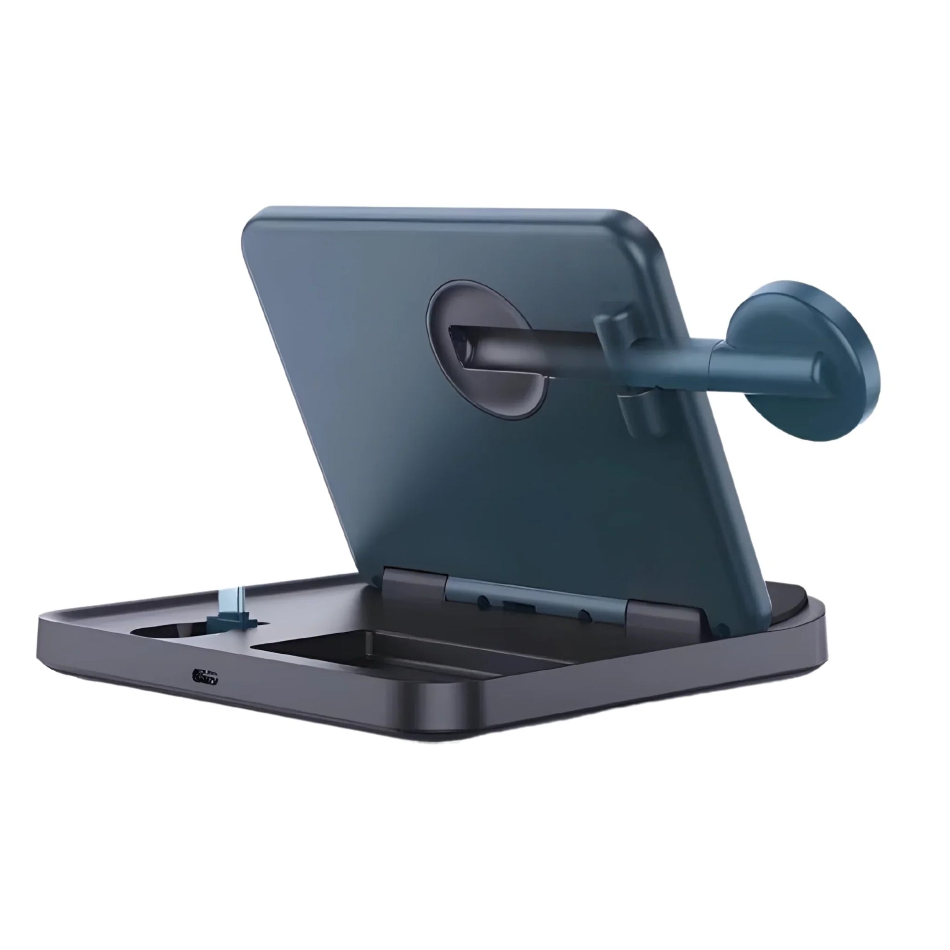 Compact foldable phone stand with adjustable arm and suction cup, modern dark blue design