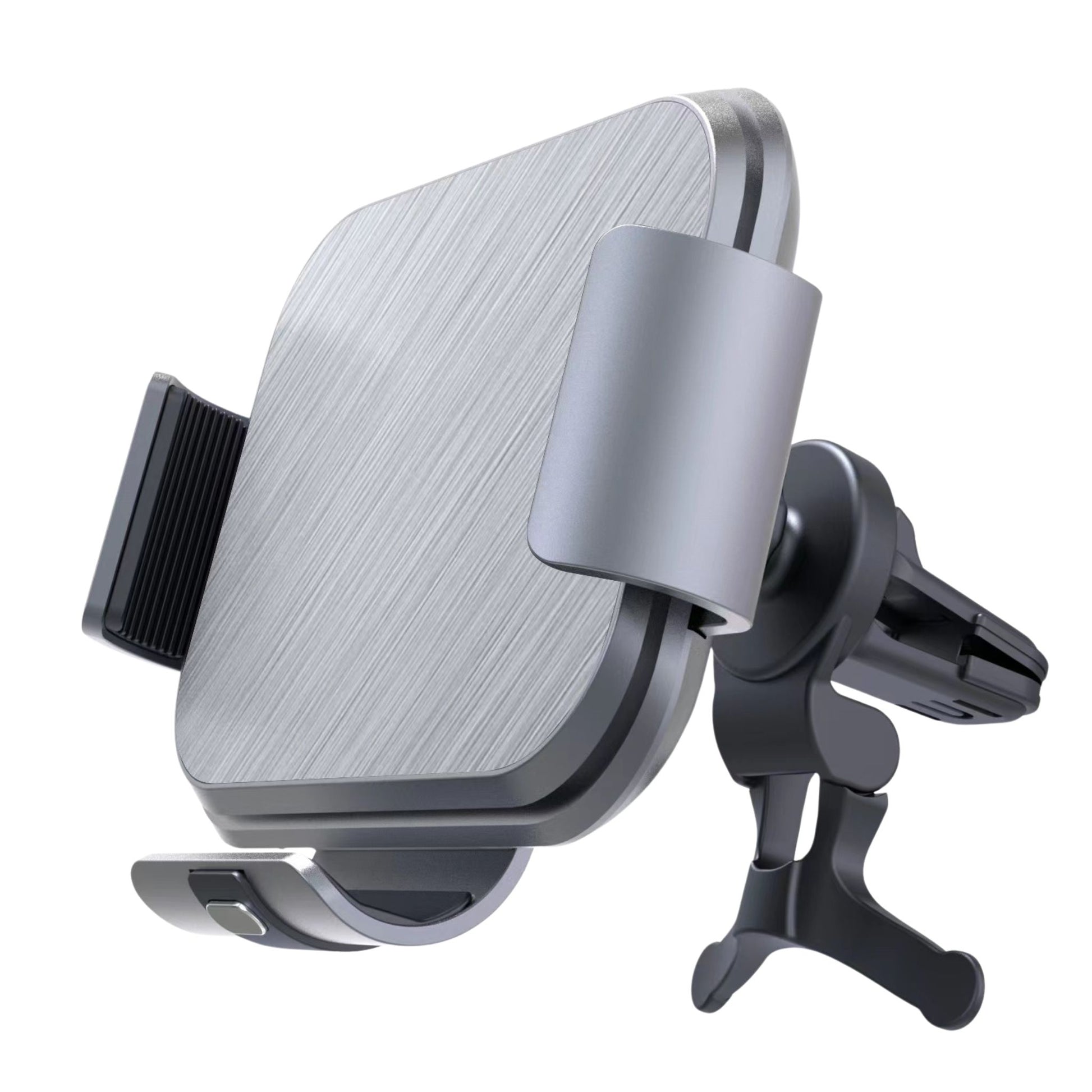 Silver metal car air vent phone holder with adjustable clamps and black mount clip