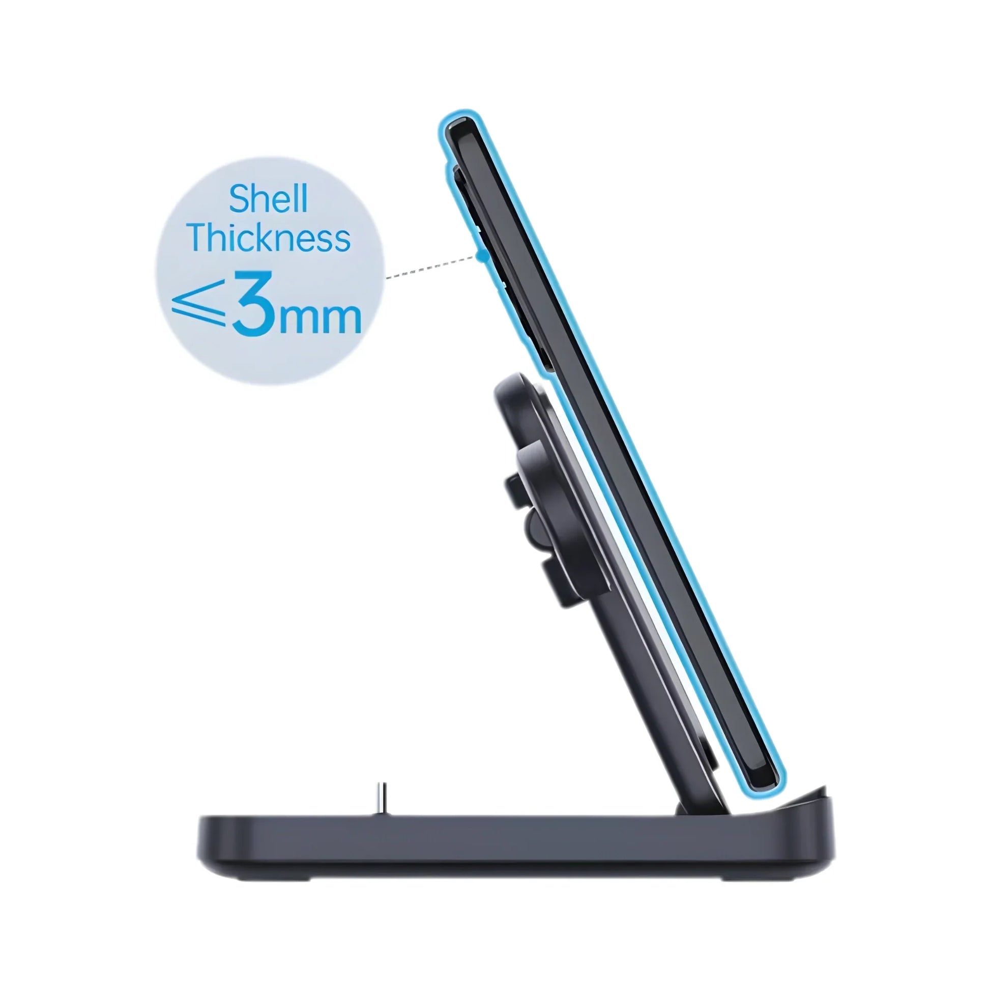 Side view of a smartphone in a wireless charging stand with shell thickness under 3mm