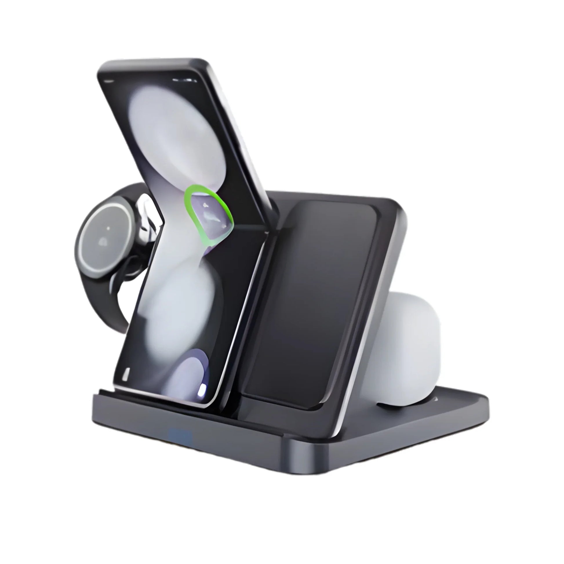 Black multi-device wireless charging station with smartphone, smartwatch, and wireless earbuds on white background