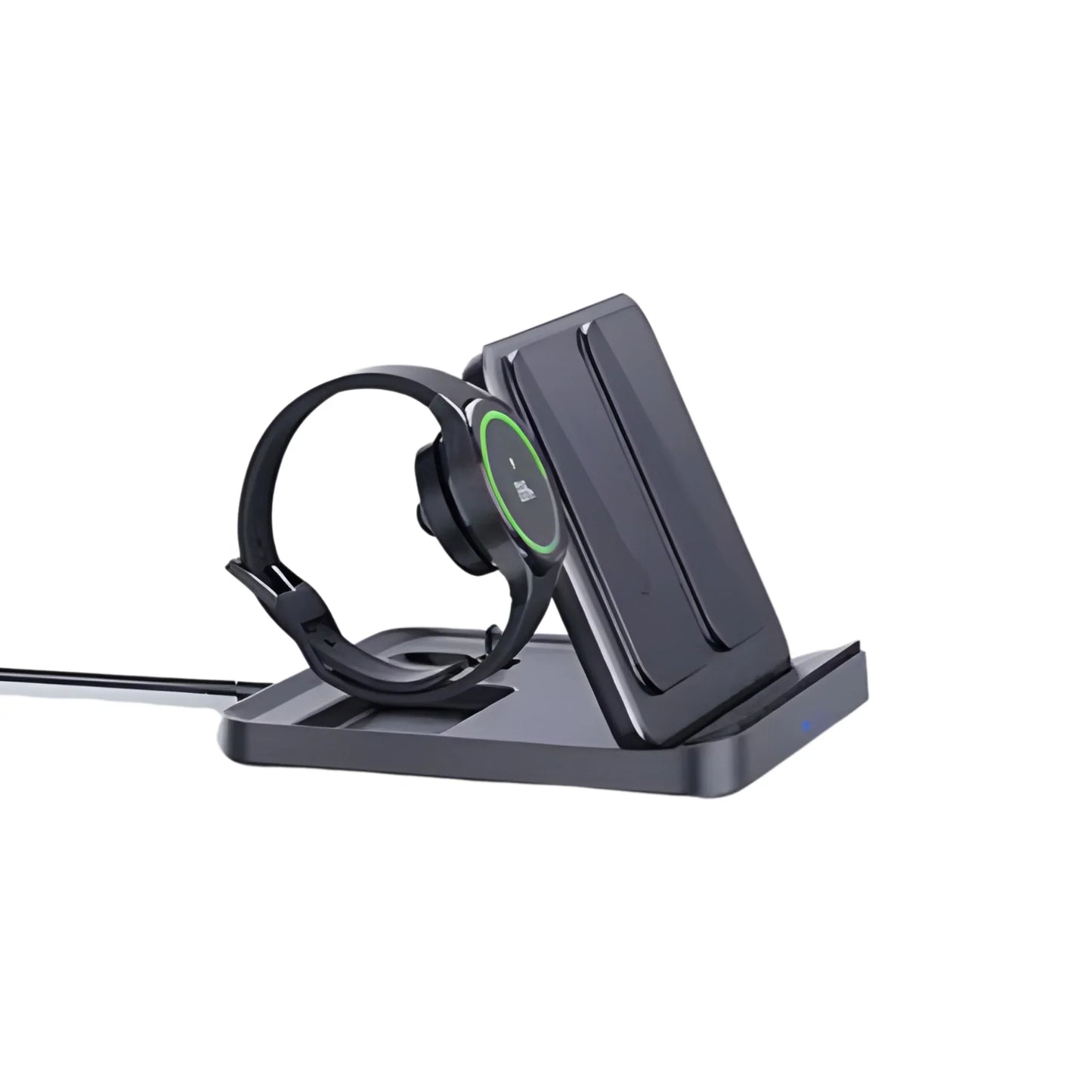 Black wireless charging station with a smartwatch and smartphone against a white background
