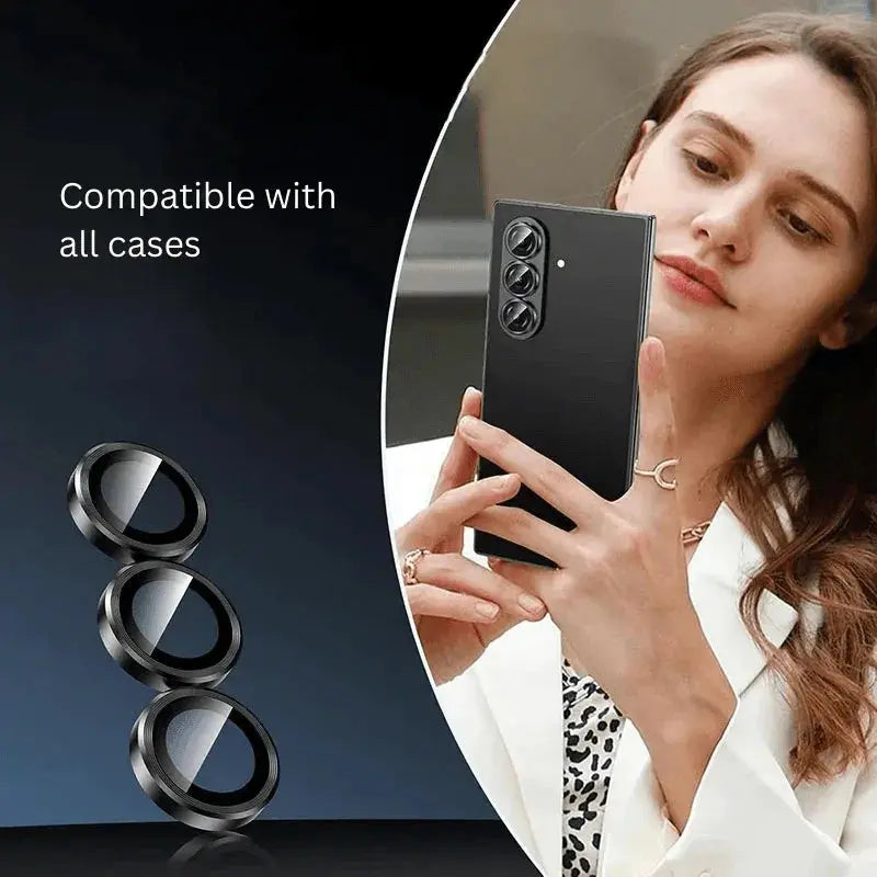 Woman holding black smartphone showcasing camera lens protectors compatible with all cases