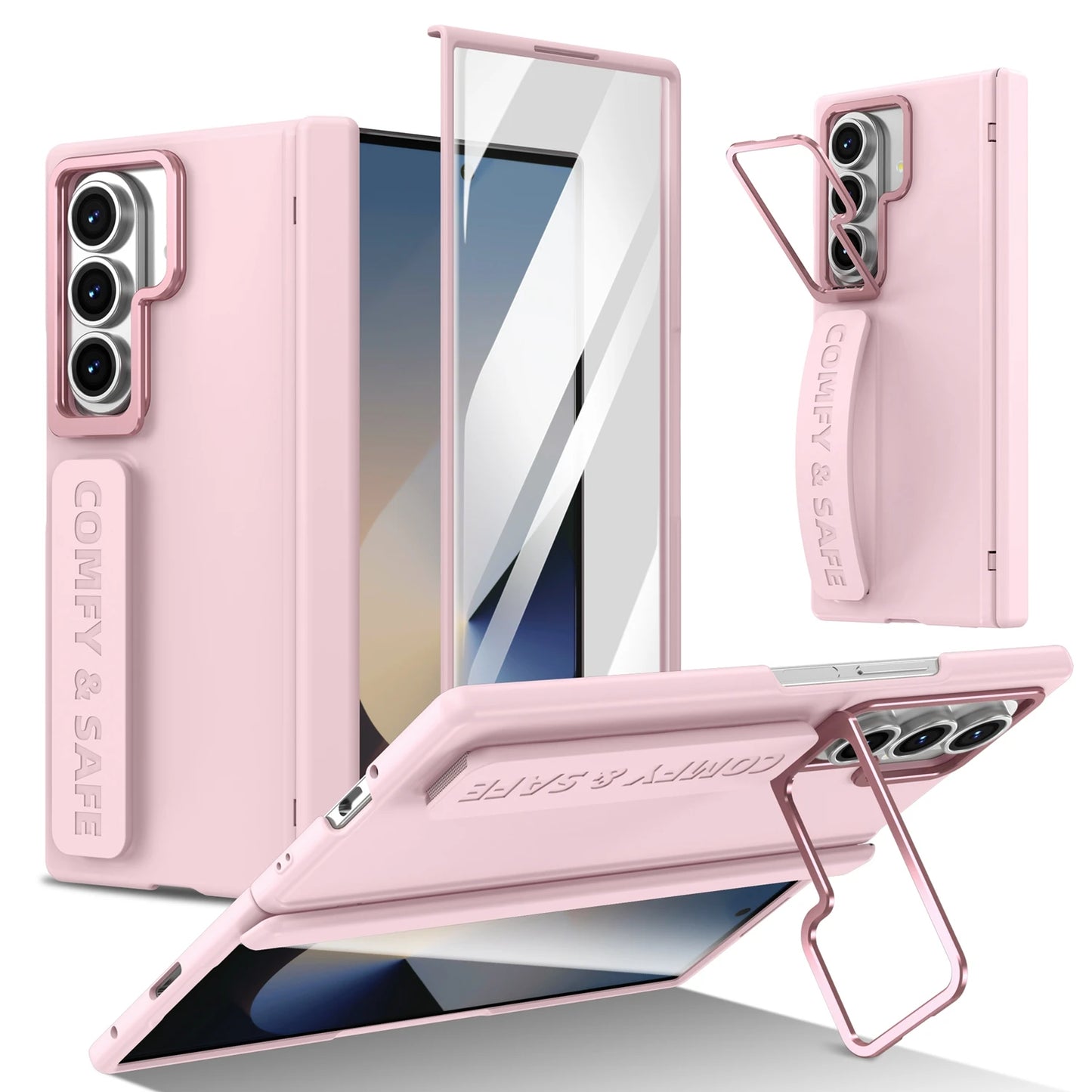 Pink phone case with screen protector and stand feature on a white background