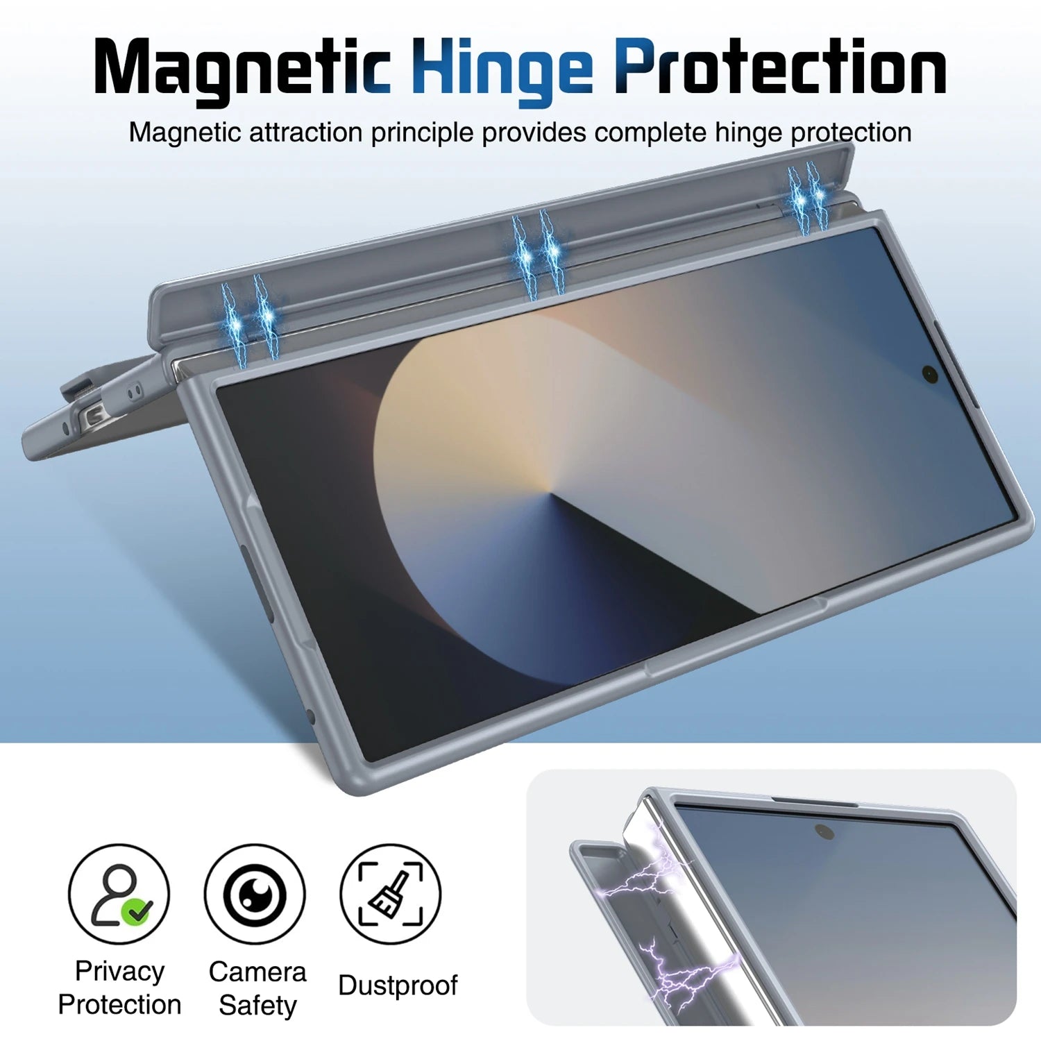 Magnetic hinge protection for a tablet with text and icons indicating features.
