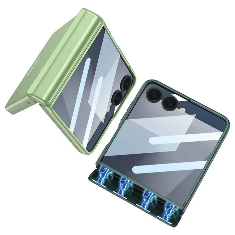 Foldable phone with green back cover on a white background