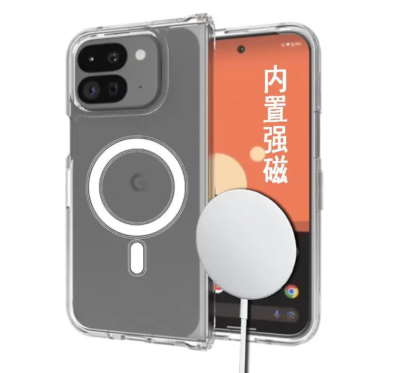 Phone case with magnetic charging pad and phone displaying Chinese text on a white background