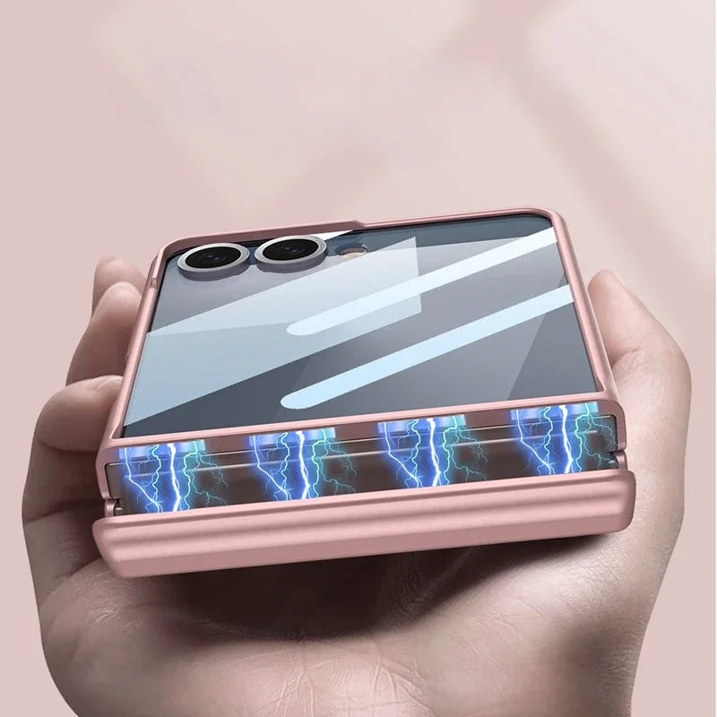 Smartphone with a reflective screen held in a hand against a light pink background