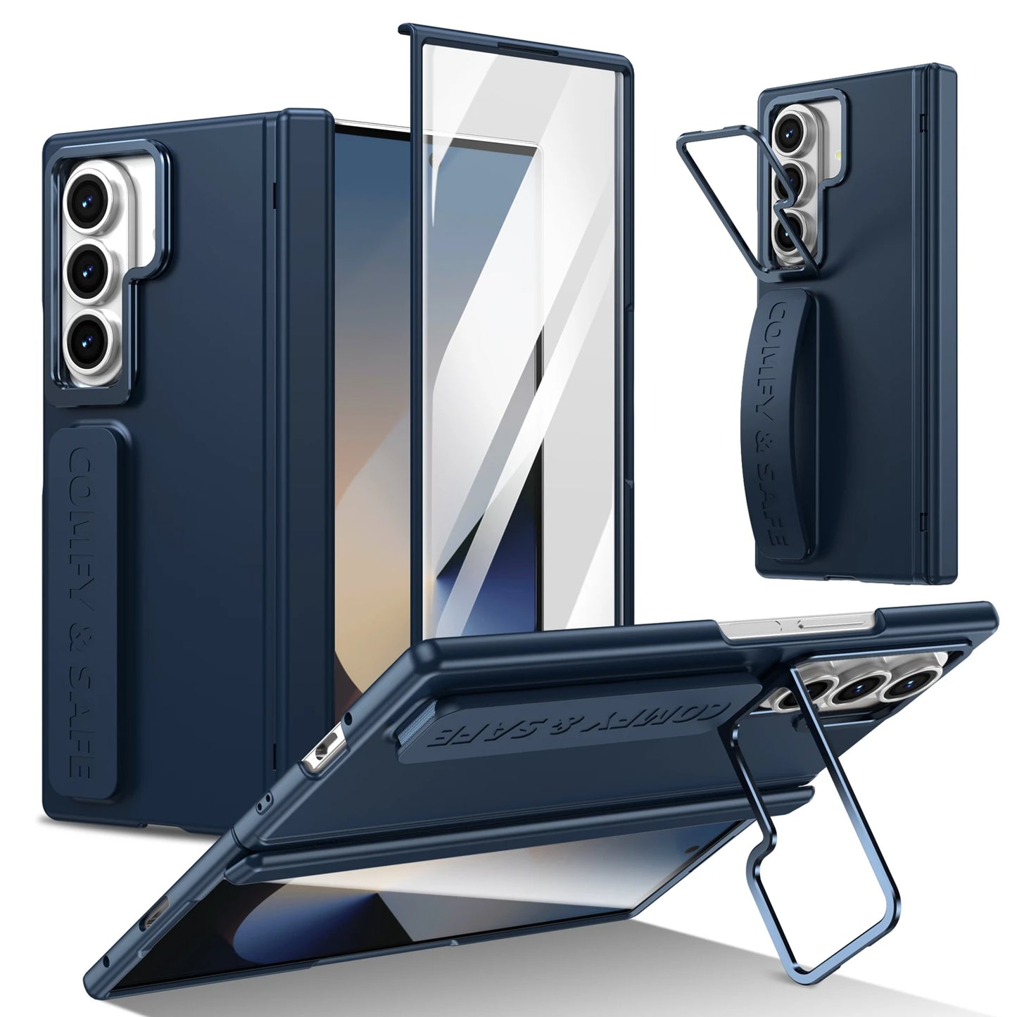 Navy phone case with stand and card holder on a white background