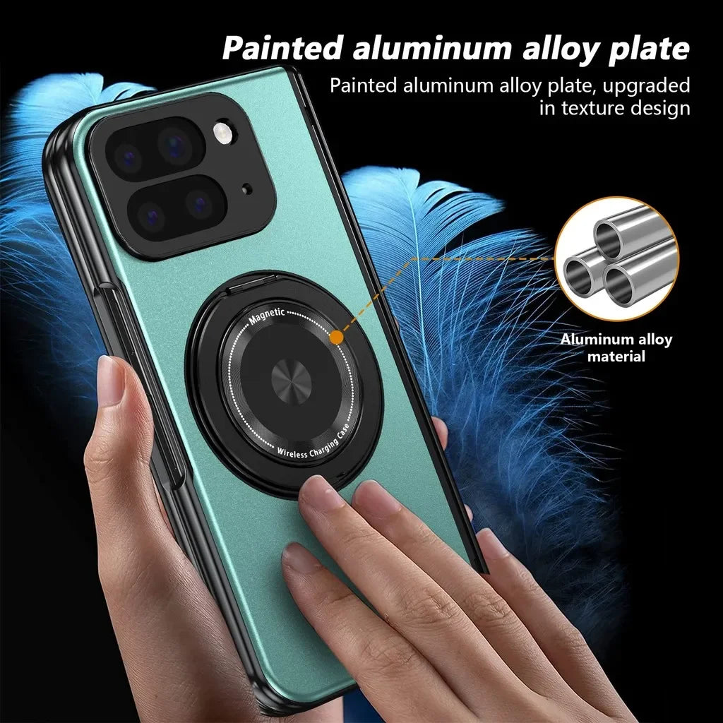 Phone case with painted aluminum alloy plate held by hands, feather background