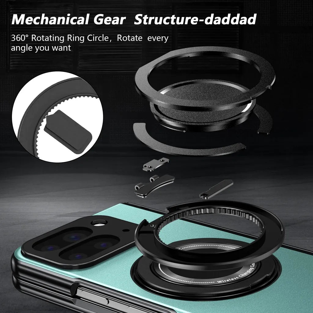 Black mechanical gear structure with 360-degree rotating ring circle on a dark background