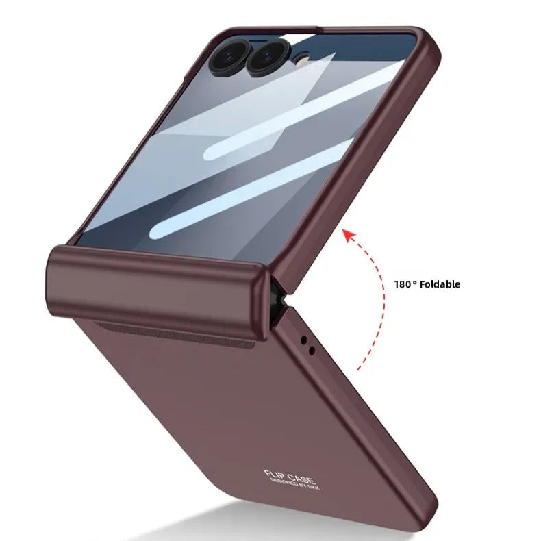 Brown flip case for a smartphone with a clear back and '180° Foldable' feature on a white background.