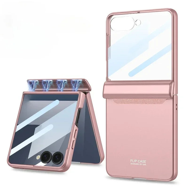 Rose gold flip case for a smartphone with mirror on a white background