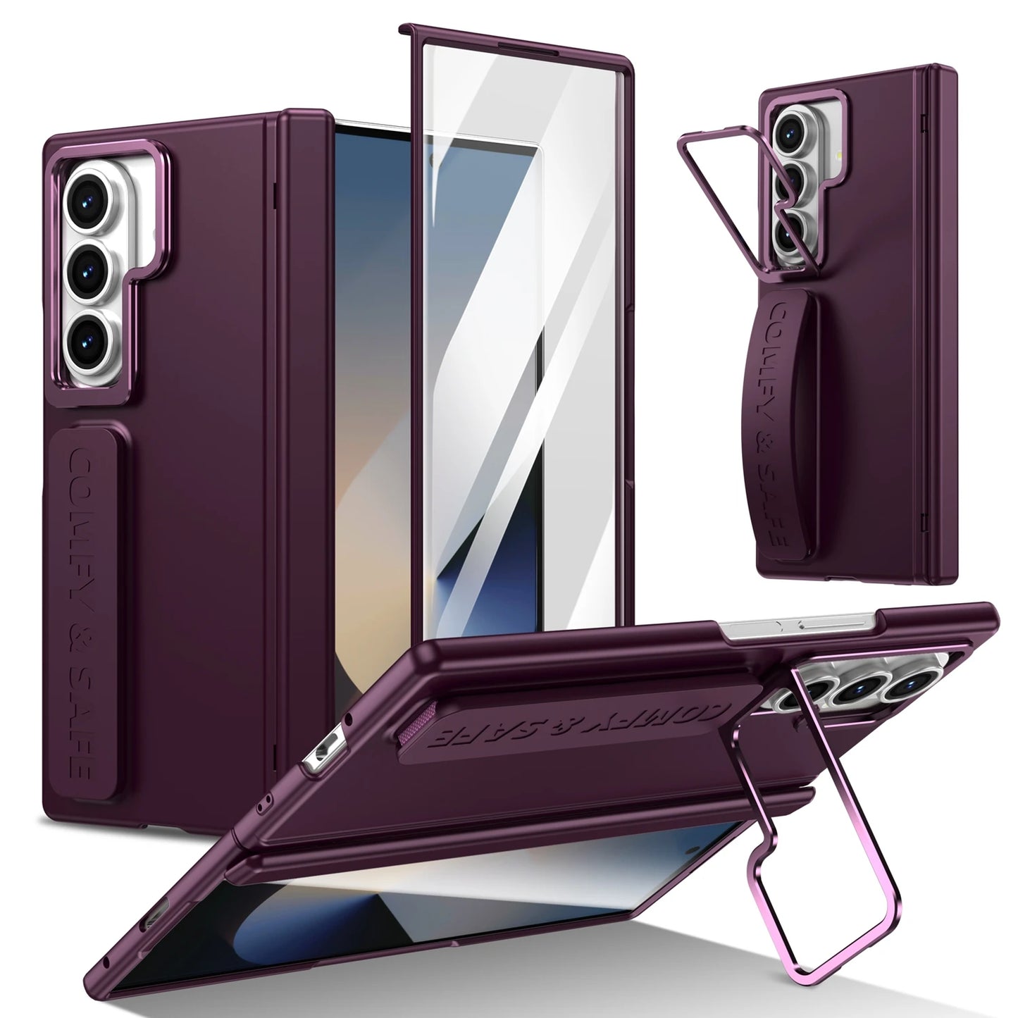 Purple phone case with stand and card holder on a white background